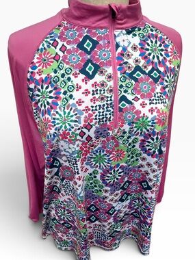 Reel Legends Reel-Tec Quarter Zip Geometric Print Mock Neck Pullover Top Size 2X